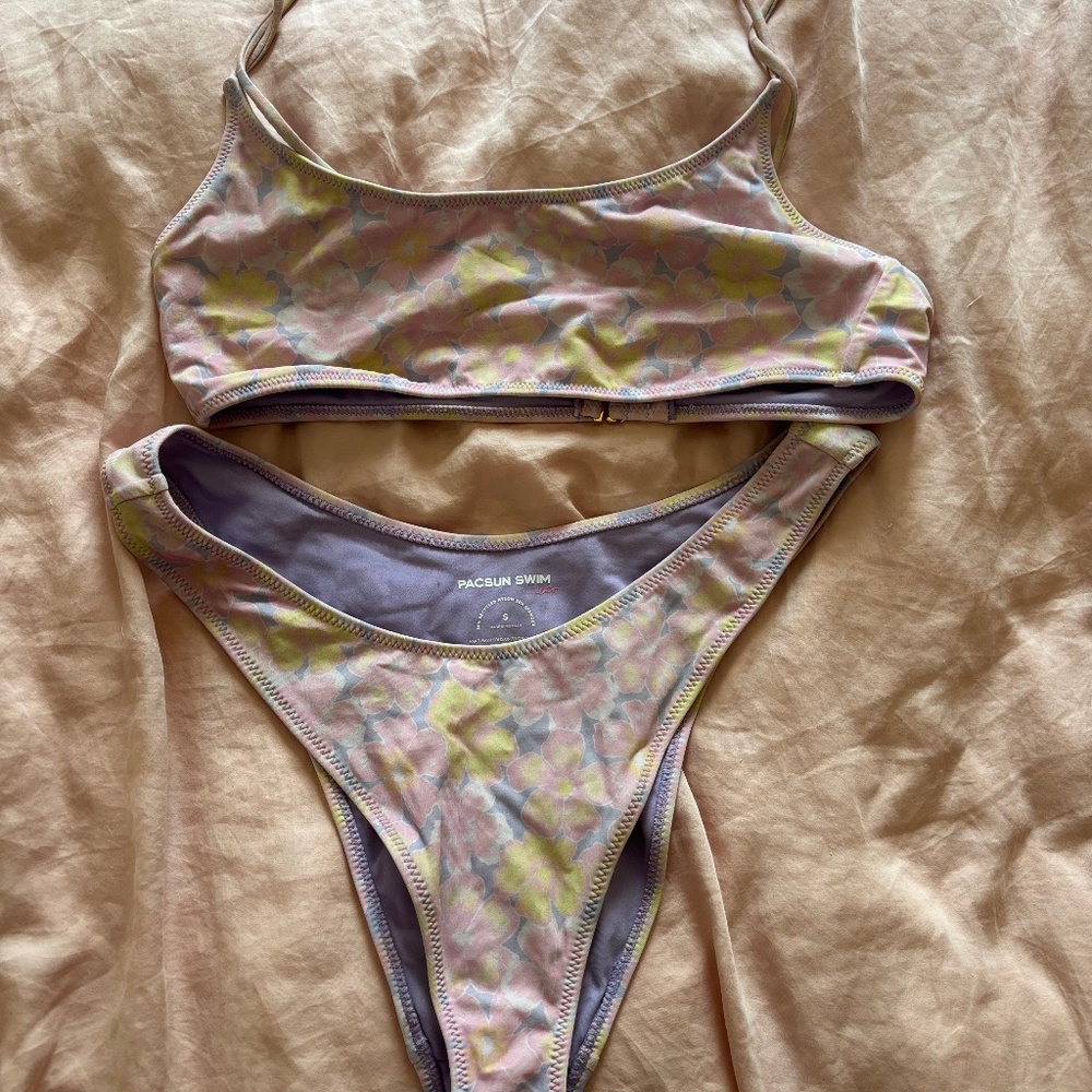 Pink, Yellow, Purple Retro Flower Scoop Bikini